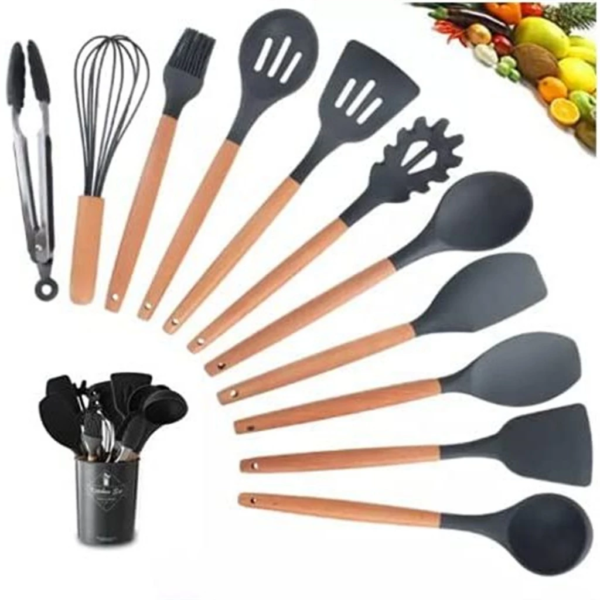 Kit Utensílios de Cozinha Silicone 12 Peças com Suporte