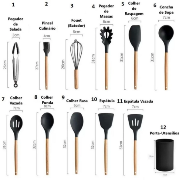 Kit Utensílios de Cozinha Silicone 12 Peças com Suporte