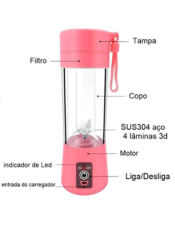Mini Liquidificador Portátil Shake 6 Laminas 380ML Cabo USB